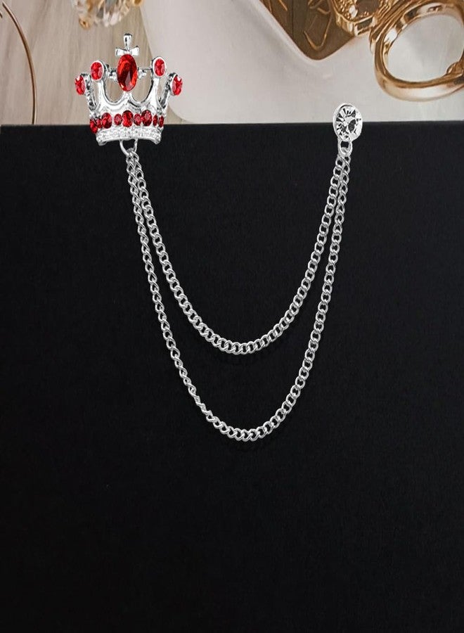 Shuxy شوكسي 2 قطع دبوس رجالي تاج سلسلة معلقة دبوس بتفاصيل حجر أحمر مع نقش دبوس معدني كريستالي بدلة دبوس دبوس ياقة عتيق مزين بالأحجار الكريمة دبوس صدر زفاف دبوس، ذهبي وفضي - Image 5