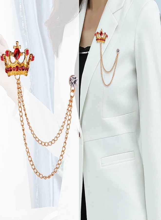 Shuxy شوكسي 2 قطع دبوس رجالي تاج سلسلة معلقة دبوس بتفاصيل حجر أحمر مع نقش دبوس معدني كريستالي بدلة دبوس دبوس ياقة عتيق مزين بالأحجار الكريمة دبوس صدر زفاف دبوس، ذهبي وفضي - Image 2