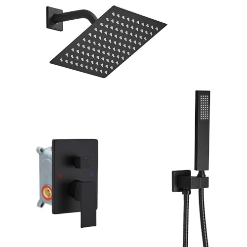 Heable Matte Black Shower System with High Pressure 8'' Rainfall Shower Head, Handheld Shower head, Bathroom Luxury Rain Mixer Shower Combo Set Wall Mounted Shower Faucet Rough-in Valve and Trim Kit - Image 1