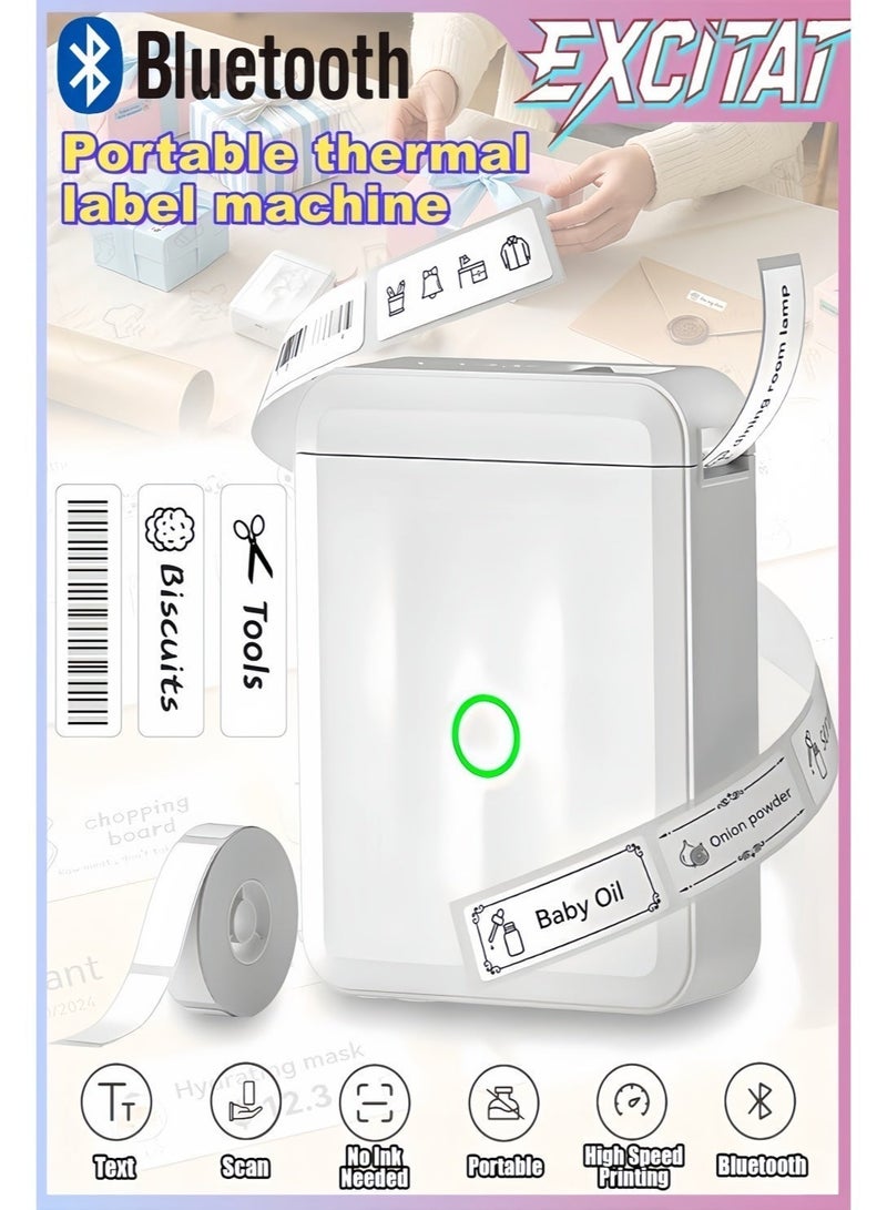 excitat D110 Label Printer, Thermal Label Maker Machine, Labels, Bluetooth Connection, lnkless Printing, Rechargeable, With Label Tape, 1200 mAh, Portable, Suitable for Home, School, Commercial Office, ABS, 100*70mm, White - Image 1
