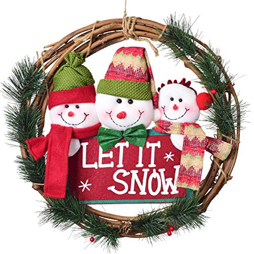 Lvydec Snowman Wreath Christmas Decoration 15 Inch Grapevine Wreath with 3 Cute Snowman and Pine Leaves Winter Decoration for Front Door Home Wall Window Fireplace