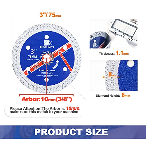 BRSCHNITT Super Thin Diamond Porcelain Saw Blade with X Teeth,BRSCHNITT3pcs 3 Inch (75mm) x Arbor 10mm Angle Grinder Diamond Cutting Disc for Dry/Wet Cutting Porcelain Tile Ceramic Marble Granite - Image 2