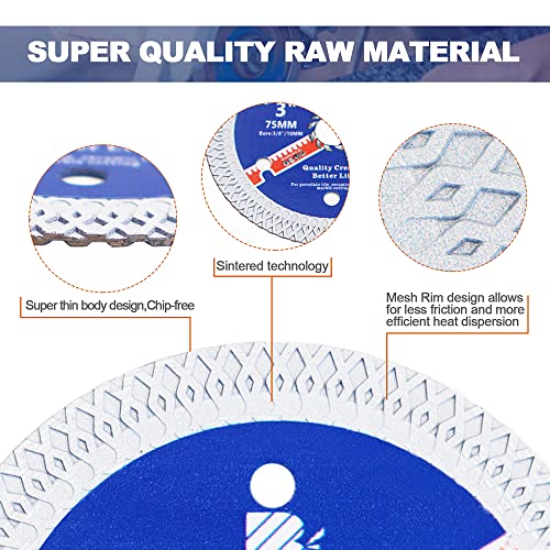 BRSCHNITT Super Thin Diamond Porcelain Saw Blade with X Teeth,BRSCHNITT3pcs 3 Inch (75mm) x Arbor 10mm Angle Grinder Diamond Cutting Disc for Dry/Wet Cutting Porcelain Tile Ceramic Marble Granite - Image 5