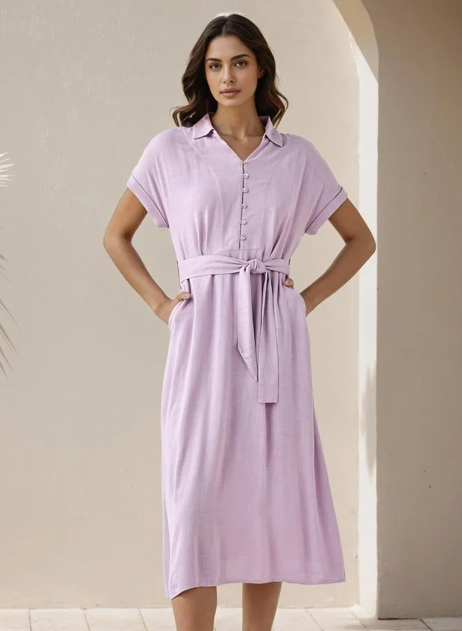 Splash FAV Shirt Midi Dress with Waist Tie-Up
