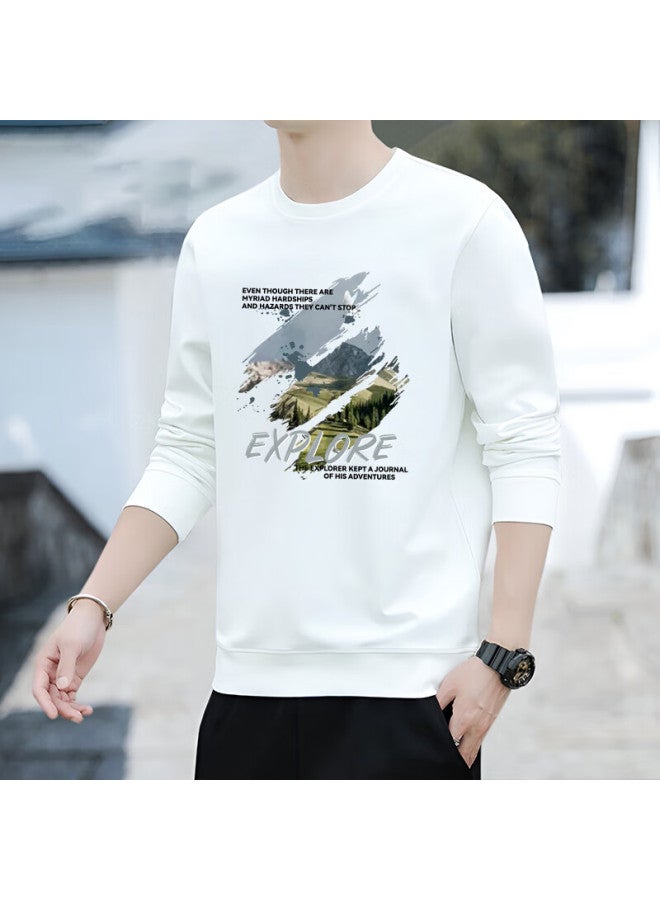 Vancamel Sweatshirt For Men, Round Neck, Autumn Long-sleeve T-shirt, Trendy Student Loose Casual Undershirt, White, XL - Image 3