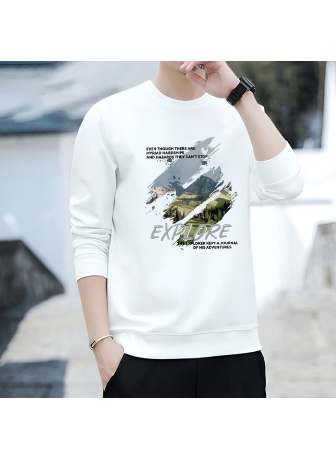 Vancamel Sweatshirt For Men, Round Neck, Autumn Long-sleeve T-shirt, Trendy Student Loose Casual Undershirt, White, XL - Image 2