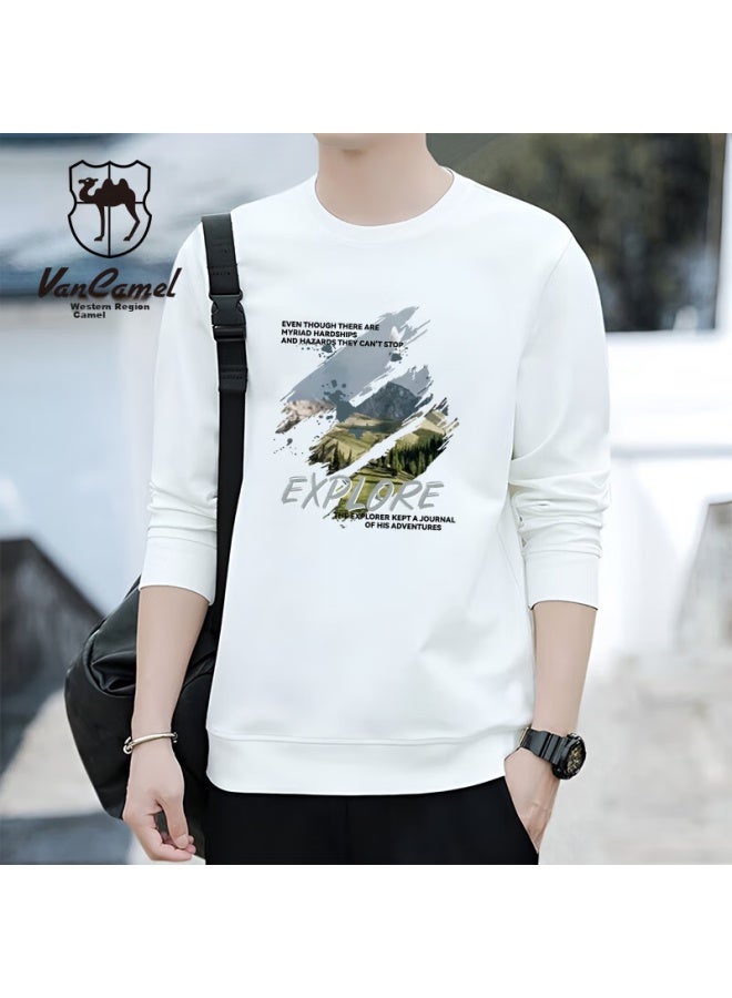 Vancamel Sweatshirt For Men, Round Neck, Autumn Long-sleeve T-shirt, Trendy Student Loose Casual Undershirt, White, XL - Image 1