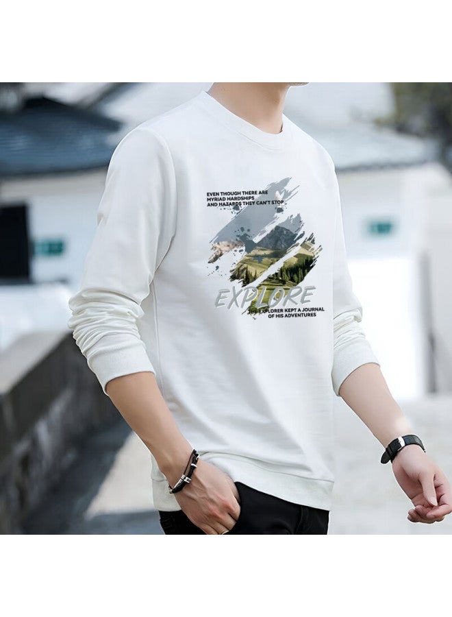 Vancamel Sweatshirt For Men, Round Neck, Autumn Long-sleeve T-shirt, Trendy Student Loose Casual Undershirt, White, XL - Image 4