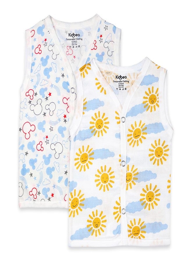 Kidbea Cotton Muslin Jhabla for Newborn Boys & Girls Sleeveless V-Neck Vest with Button Closure | Cute Multi Printed Baby Jabla, Pack of 2 (6-9 Months) - Image 1
