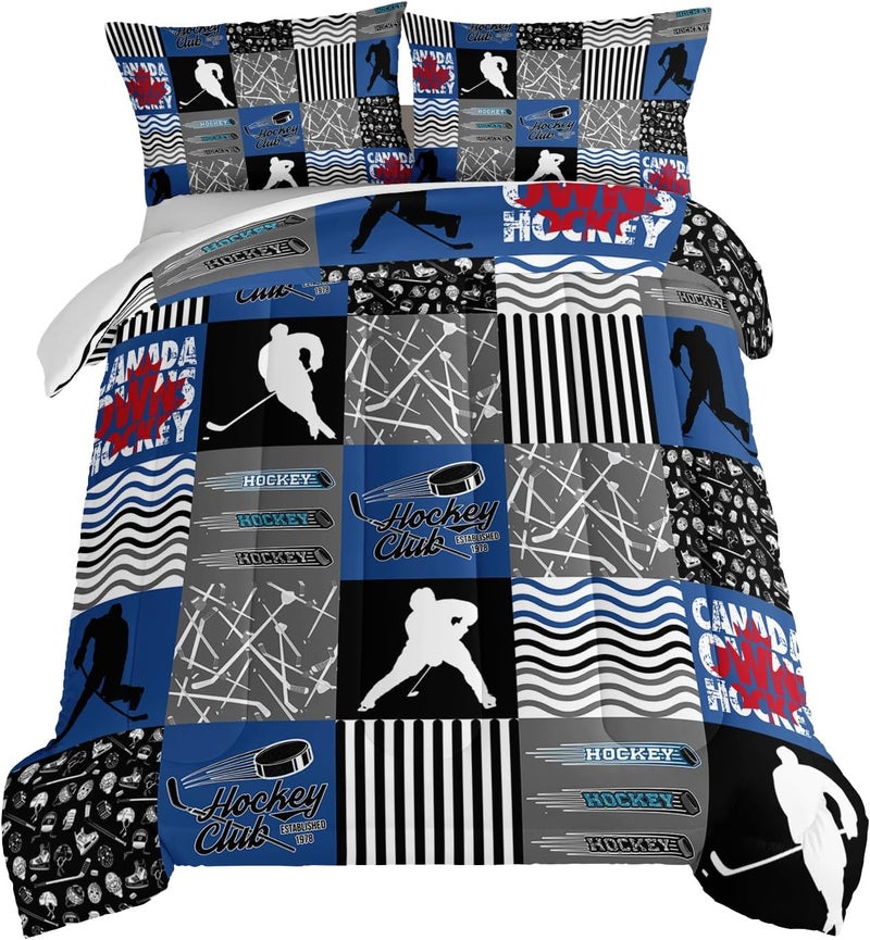 HOSIMA Ice Hockey Full Size Comforter Sets for Boys Kids Teens Bedroom Decor,Soft Microfiber Sports Theme Blue and Gray Hockey Bedding with 2 Pillowcases,Hockey Player Bedding Comforters & Sets. - Image 1
