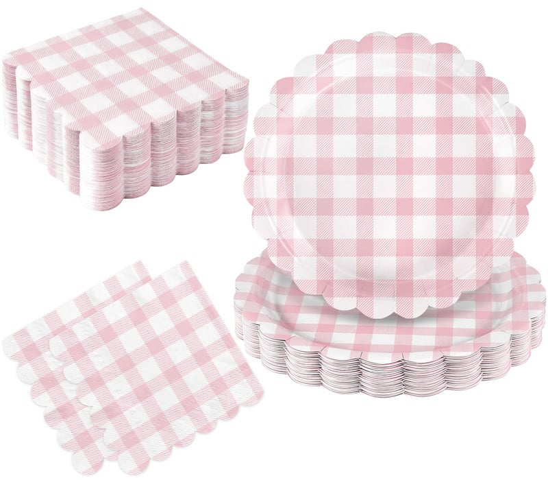 Oigco 50 Pcs Pink Plates and Napkins, Disposable Light Pink Scalloped Paper Plates & Napkins for Wedding Bridal Shower Birthday Baby Shower, Serves 25 - Image 1