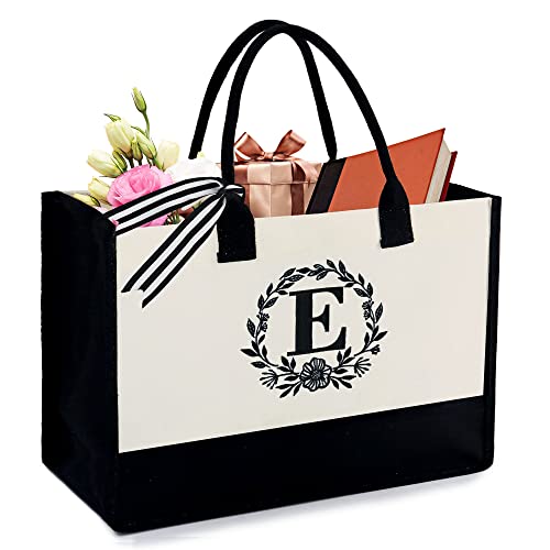 BeeGreen Personalized Gift Baskets for Woman Teacher Friend Female Large Tote Bag for Birthday Beach Work Monogram Bags Unique Cute for Wife Boss Grandma Bridesmaid Letter E - Image 1
