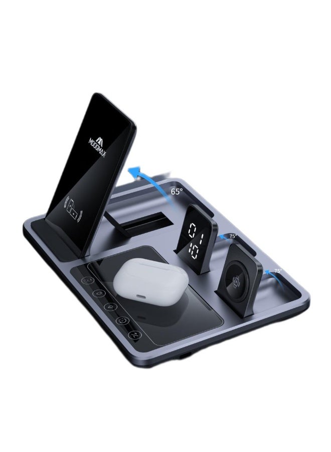 موجماكس شاحن لاسلكي 4 في 1 من مووغماكس MOOGMAX – شحن سريع 15 واط للهاتف والساعة والسماعة – قاعدة متعددة الوظائف مع ساعة رقمية ولمبة ليلية - Image 1