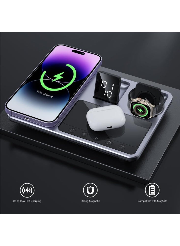 موجماكس شاحن لاسلكي 4 في 1 من مووغماكس MOOGMAX – شحن سريع 15 واط للهاتف والساعة والسماعة – قاعدة متعددة الوظائف مع ساعة رقمية ولمبة ليلية - Image 3