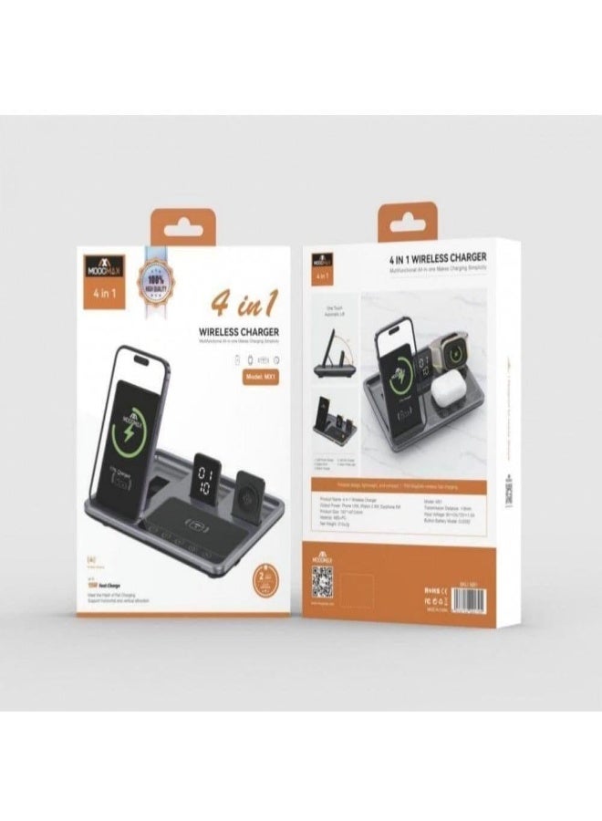 موجماكس شاحن لاسلكي 4 في 1 من مووغماكس MOOGMAX – شحن سريع 15 واط للهاتف والساعة والسماعة – قاعدة متعددة الوظائف مع ساعة رقمية ولمبة ليلية - Image 5