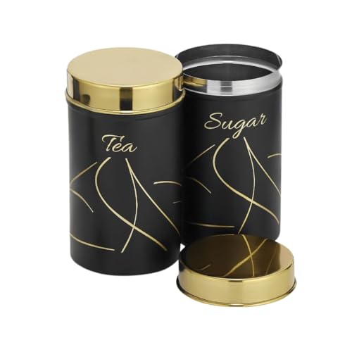 Classic Steels Premium Long Tea & Sugar Canister Set (850ml) (Black) | Airtight Kitchen Canisters Stainless Steel Storage Jars with Gold Lid & Label | Matte Finish Kitchen Storage Container Set - Image 1