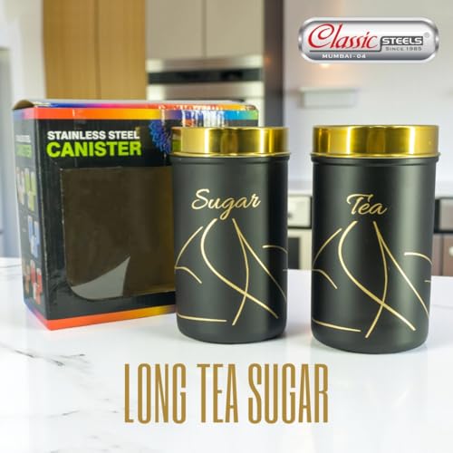 Classic Steels Premium Long Tea & Sugar Canister Set (850ml) (Black) | Airtight Kitchen Canisters Stainless Steel Storage Jars with Gold Lid & Label | Matte Finish Kitchen Storage Container Set - Image 2