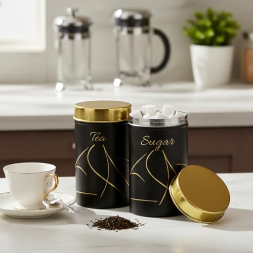 Classic Steels Premium Long Tea & Sugar Canister Set (850ml) (Black) | Airtight Kitchen Canisters Stainless Steel Storage Jars with Gold Lid & Label | Matte Finish Kitchen Storage Container Set - Image 4