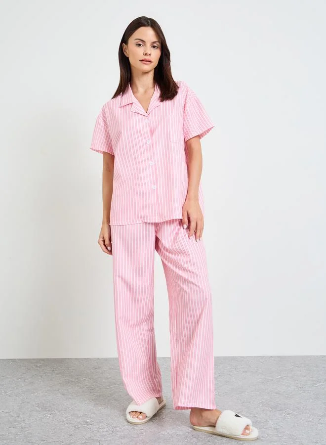 تايك تو Pink Striped Short Sleeves Shirt and Pants Pajama Set