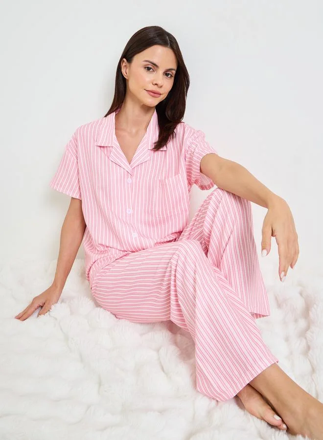 تايك تو Pink Striped Short Sleeves Shirt and Pants Pajama Set