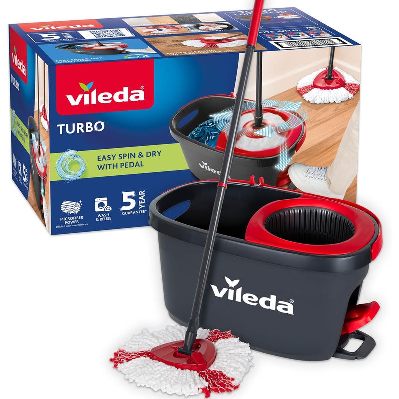 Vileda Turbo floor mop bucket set with foot pedal activated spinning wringer |Telescopic handle 65 – 131 cm | floor mop with spinning wringer | microfibre mop head | deep cleaning with less effort - Image 1