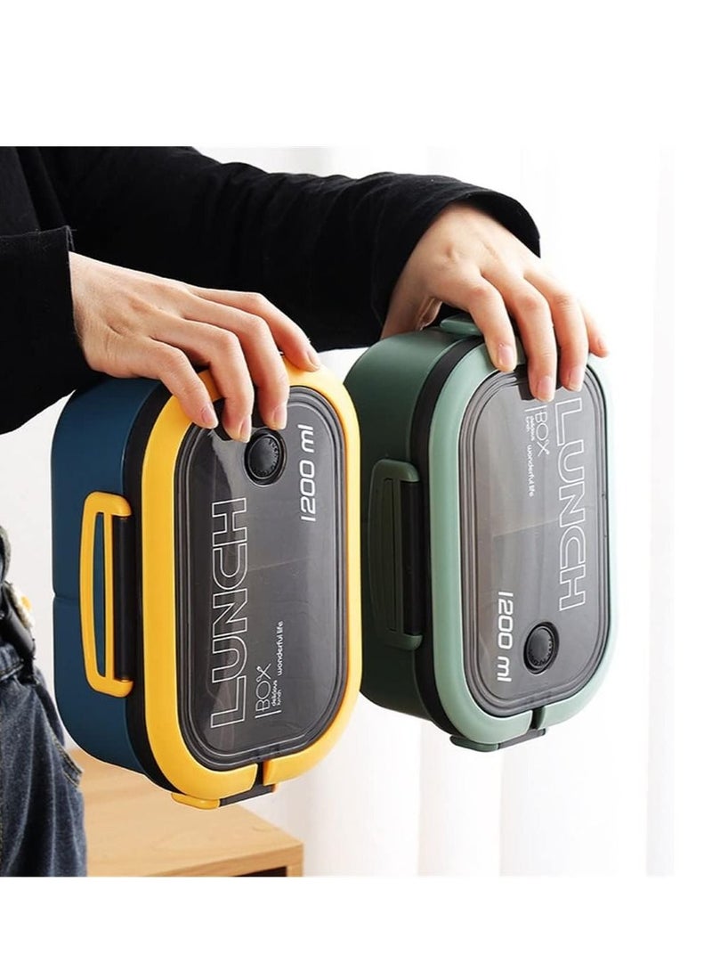 Portable lunch box 2 layers mesh office worker bento box with fork and spoon microwave lunch box (color: blue yellow, size: as shown)