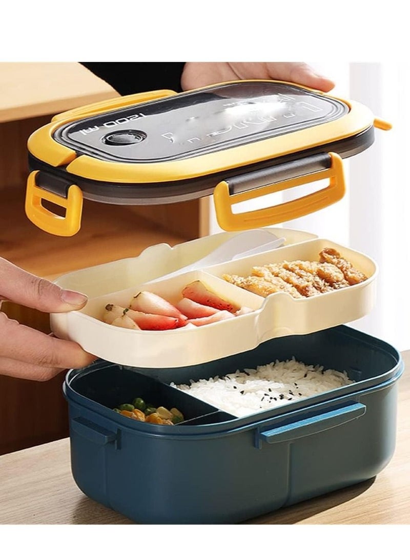 Portable lunch box 2 layers mesh office worker bento box with fork and spoon microwave lunch box (color: blue yellow, size: as shown)