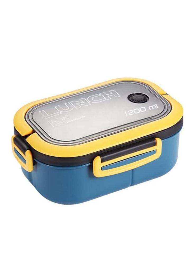 Portable lunch box 2 layers mesh office worker bento box with fork and spoon microwave lunch box (color: blue yellow, size: as shown)
