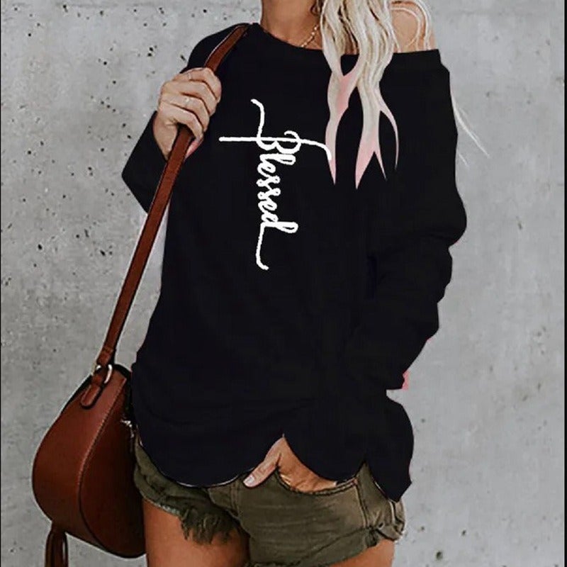 9735#2021 Autumn popular European and American ebay casual off-the-shoulder round neck printing loose t-shirt women's top white 2XL - Image 5