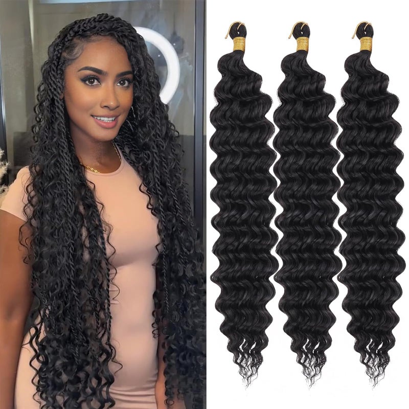 ZRQ Deep Wave Crochet Hair Natural Black 18 Inch 3 Packs Ocean Wave Curly Braiding Hair for Boho Braids Synthetic Curly Crochet Hair For Women #1B - Image 1