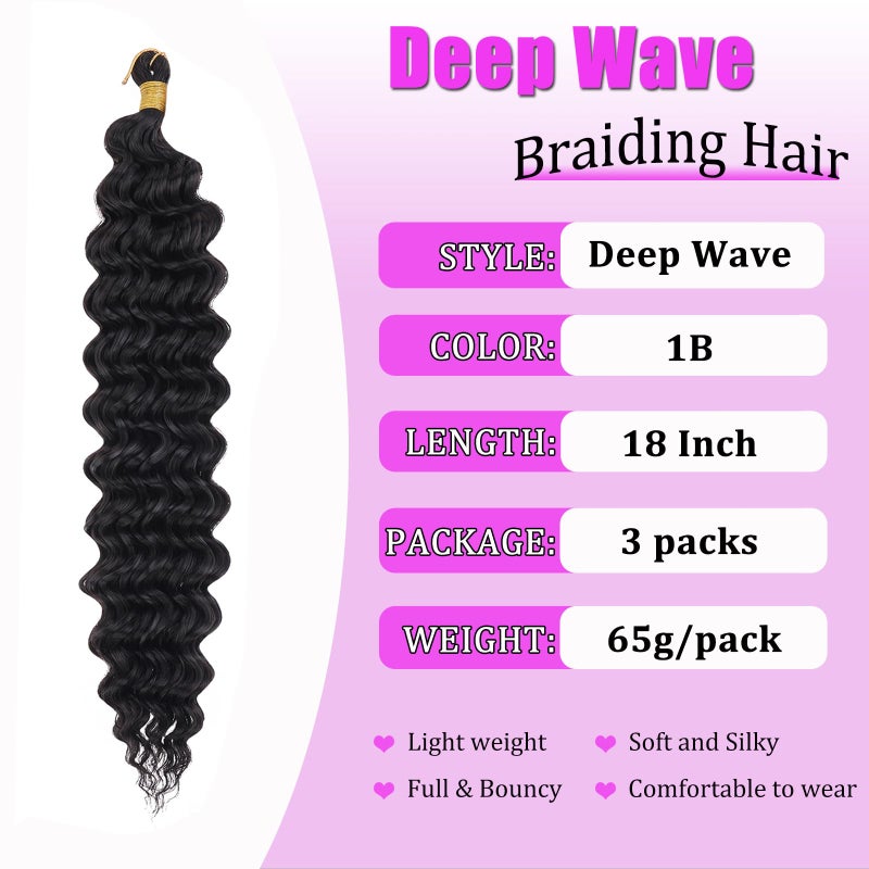 ZRQ Deep Wave Crochet Hair Natural Black 18 Inch 3 Packs Ocean Wave Curly Braiding Hair for Boho Braids Synthetic Curly Crochet Hair For Women #1B - Image 2