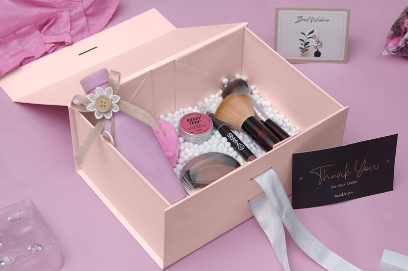 Boxotica Blush Pink Small Gift Box – Foldable Rigid Hamper with Ribbon & Greeting Card | 23.5×17×10 cm Reusable Keepsake Box for Jewelry, Chocolates, Weddings, Birthdays, Bridesmaid Proposals - Image 4