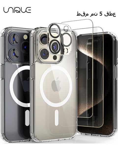 5 in 1 Magnetic Clear Case for iPhone 15 Pro Max, 2 Tempered Screen Protector + 2 Camera Lens Protector, Full-Body Protective Shockproof Slim Cover Compatible with MagSafe