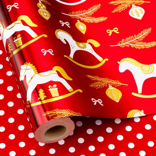Yarcony Reversible Christmas Wrapping Paper Roll Red Foil Wrapping Paper Red Rocking Horse Holiday Gift Wrap Festive Present Packaging for Winter Celebrations Seasonal Decor 17Inch x 33Feet - Image 1