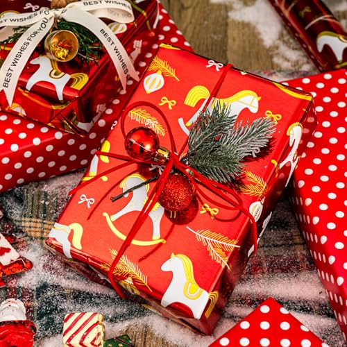 Yarcony Reversible Christmas Wrapping Paper Roll Red Foil Wrapping Paper Red Rocking Horse Holiday Gift Wrap Festive Present Packaging for Winter Celebrations Seasonal Decor 17Inch x 33Feet - Image 3