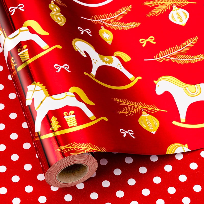 Yarcony Reversible Christmas Wrapping Paper Roll Red Foil Wrapping Paper Red Rocking Horse Holiday Gift Wrap Festive Present Packaging for Winter Celebrations Seasonal Decor 17Inch x 33Feet - Image 2