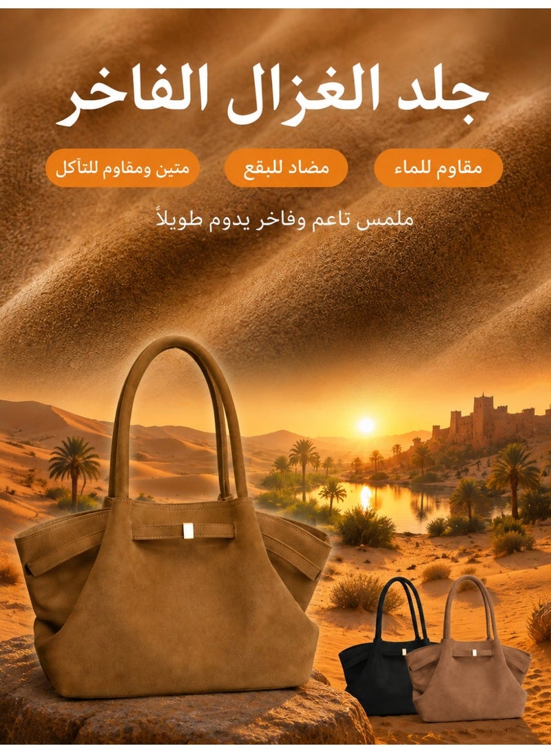 Women's Luxury Deer Suede Leather Tote Bag with Padded Shoulder Strap - Large Capacity Handbag for Daily Carrying, Work & Travel - Image 3