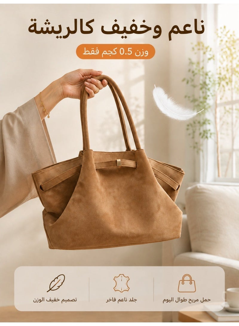 Women's Luxury Deer Suede Leather Tote Bag with Padded Shoulder Strap - Large Capacity Handbag for Daily Carrying, Work & Travel - Image 4