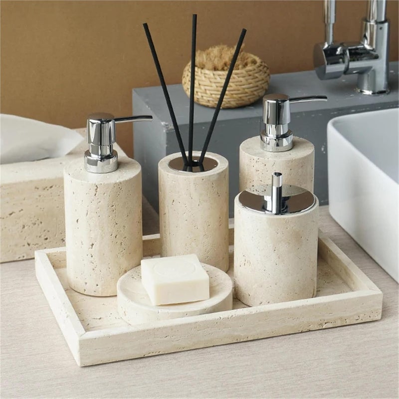 Soap Dispenser Set Beige Travertine Bathroom Accessories Set Natural Marble Soap Dispenser Soap Reed Diffuser Vanity Tray Kit Bathroom(Color-03) - Image 3