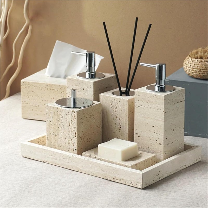 Soap Dispenser Set Beige Travertine Bathroom Accessories Set Natural Marble Soap Dispenser Soap Reed Diffuser Vanity Tray Kit Bathroom(Color-03) - Image 2