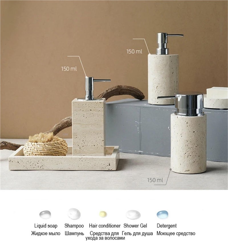Soap Dispenser Set Beige Travertine Bathroom Accessories Set Natural Marble Soap Dispenser Soap Reed Diffuser Vanity Tray Kit Bathroom(Color-03) - Image 5