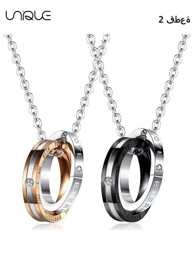 Unique 2Pcs Necklace - Couple Necklace - Double Ring Titanium Stainless Steel Pendant Necklace - Stylish Simple Necklace - Gifts（Rose Gold+Black） - Image 1
