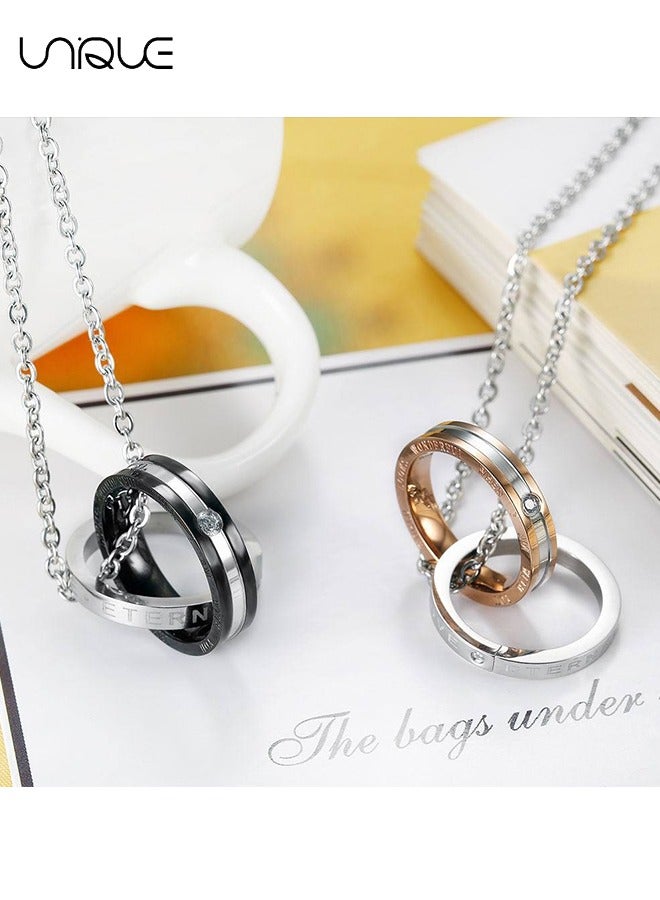 Unique 2Pcs Necklace - Couple Necklace - Double Ring Titanium Stainless Steel Pendant Necklace - Stylish Simple Necklace - Gifts（Rose Gold+Black） - Image 5