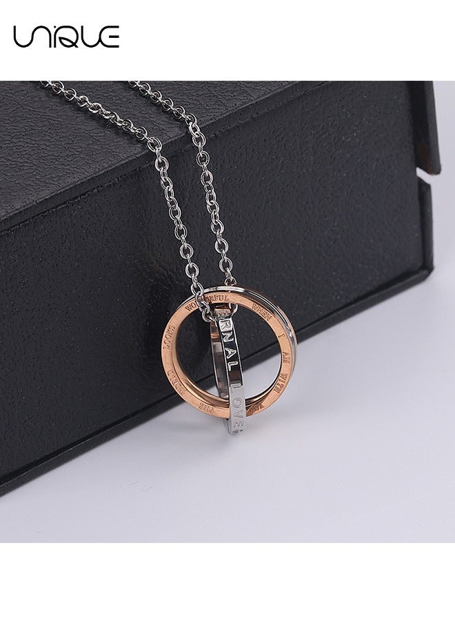 Unique 2Pcs Necklace - Couple Necklace - Double Ring Titanium Stainless Steel Pendant Necklace - Stylish Simple Necklace - Gifts（Rose Gold+Black） - Image 3
