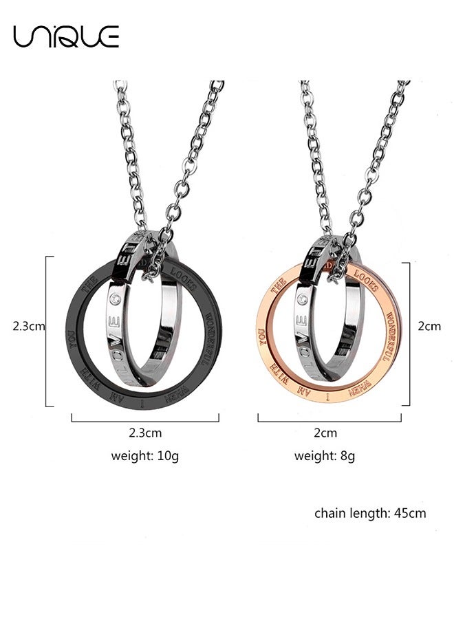 Unique 2Pcs Necklace - Couple Necklace - Double Ring Titanium Stainless Steel Pendant Necklace - Stylish Simple Necklace - Gifts（Rose Gold+Black） - Image 2