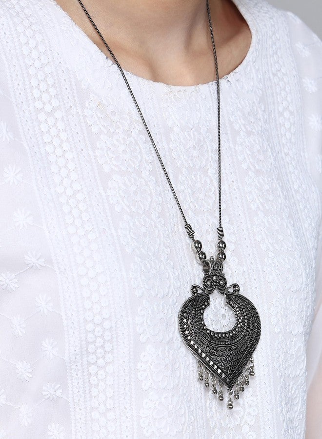 Naman Arts Oxidised Fan Drop Tribal Pendant Necklace for Women | Antique Boho Fan Charm with Drops | Pure Brass Lightweight Ethnic Chain Necklace - Image 2