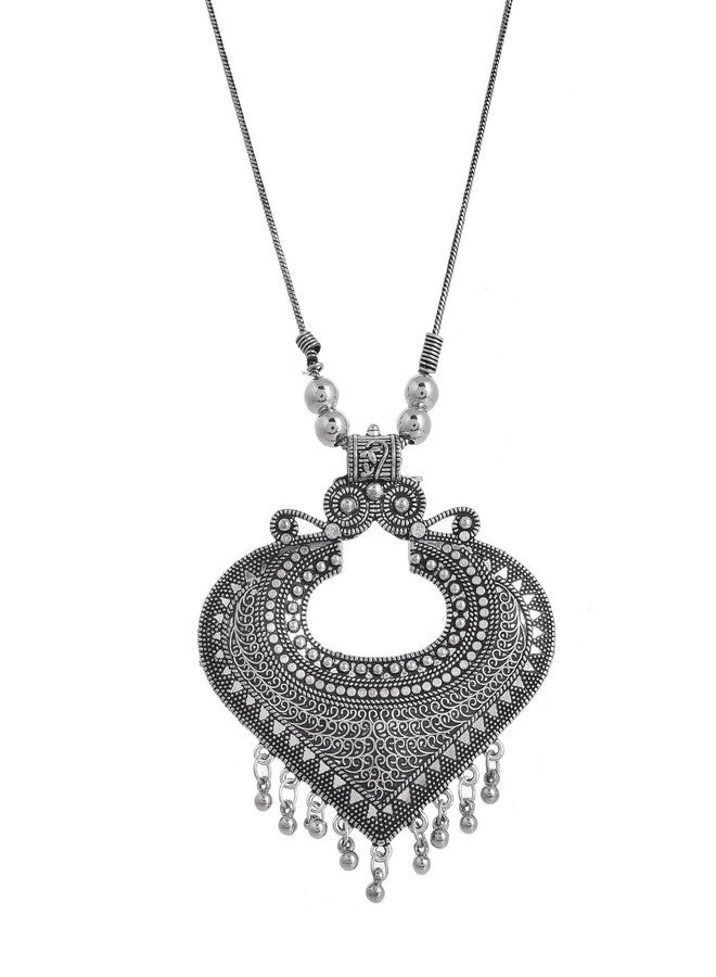 Naman Arts Oxidised Fan Drop Tribal Pendant Necklace for Women | Antique Boho Fan Charm with Drops | Pure Brass Lightweight Ethnic Chain Necklace - Image 1