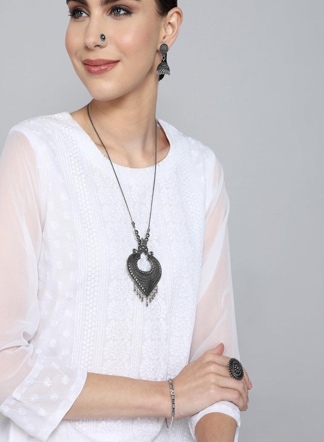 Naman Arts Oxidised Fan Drop Tribal Pendant Necklace for Women | Antique Boho Fan Charm with Drops | Pure Brass Lightweight Ethnic Chain Necklace - Image 3