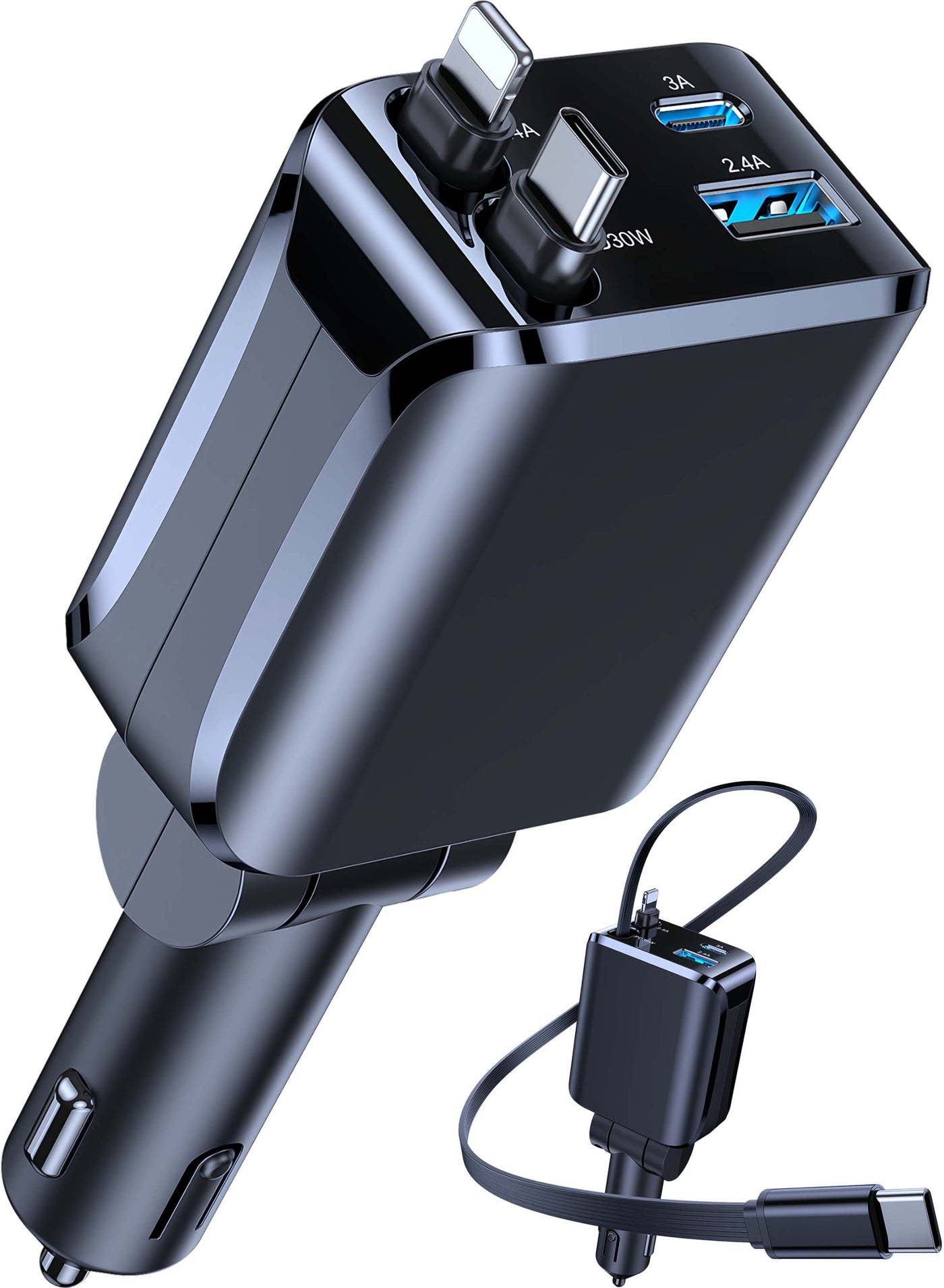 Fast car charger, Retractable Type-C and Lightning Cable, compatible with 12 V and 24 V cigarette lighter interfaces, adjustable angle, USB and PD Type-C, suitable for iPhone, iPad, Samsung and other Android phones