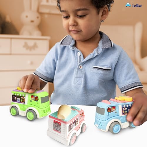 FunBlast ألعاب سيارات ميني فانبلاست – 3 قطع سيارات سحب شاحنات طعام بلاستيكية كرتونية تعليمية للأطفال، مجموعات شاحنات صغيرة للأطفال من عمر 3 سنوات فما فوق – متعددة الألوان - Image 2